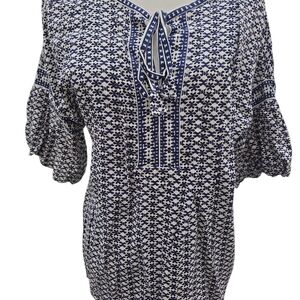 Max Studio Navy and White Patterned Blouse M